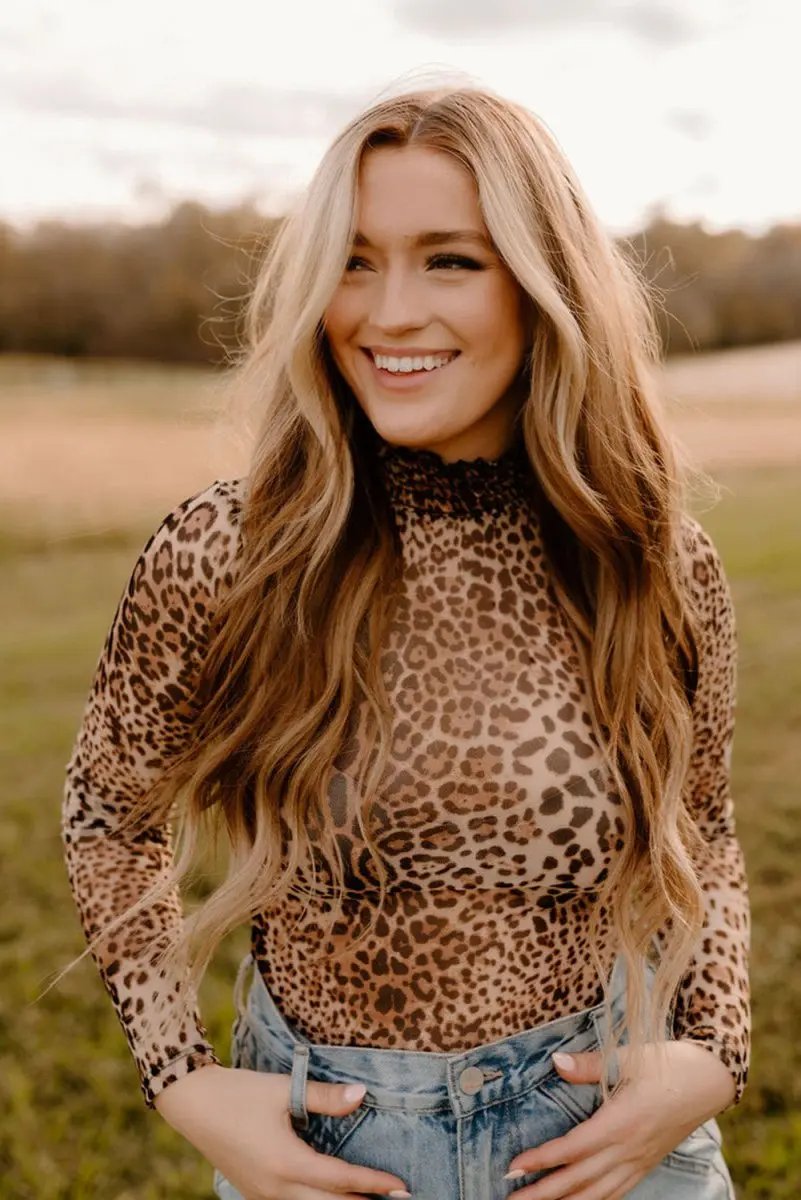 Tops/Bodysuits Love Salve Brown Leopard Mesh Bodysuit Women's Western Style Sheer Spring Top