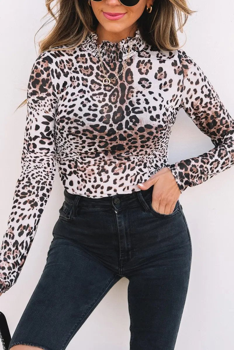 Tops/Bodysuits Love Salve Brown Leopard Mesh Bodysuit Women's Western Style Sheer Spring Top