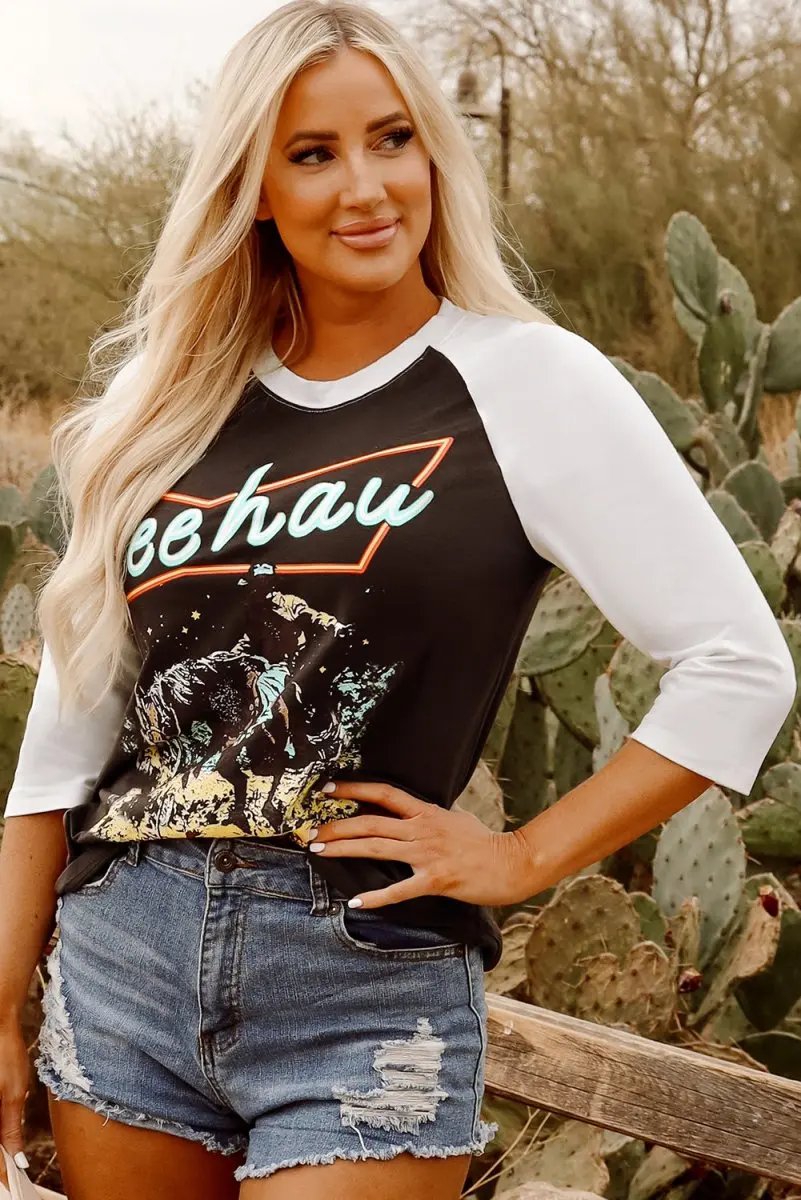 Accessories Love Salve Brown Graphic Top Women's Western Raglan Long Sleeve Tee Vintage Style