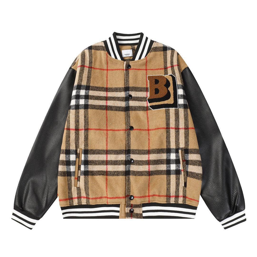 BURBERRY Brown Checked Wool-Blend and Full-Grain Leather Varsity Jacket