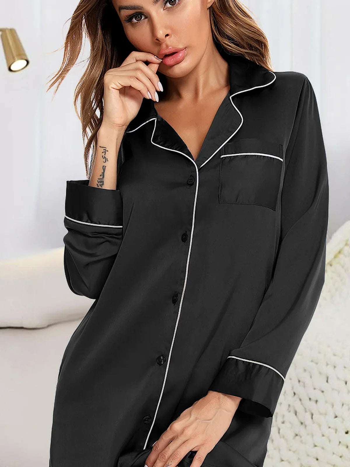 Button Up Lapel Collar Night Dress with Pocket