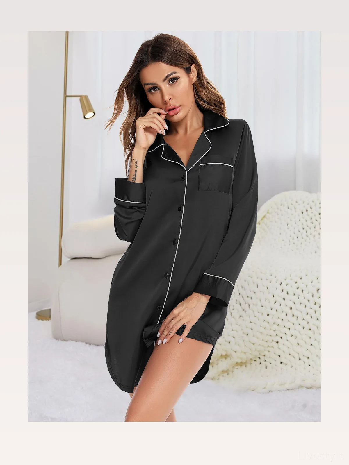 Button Up Lapel Collar Night Dress with Pocket