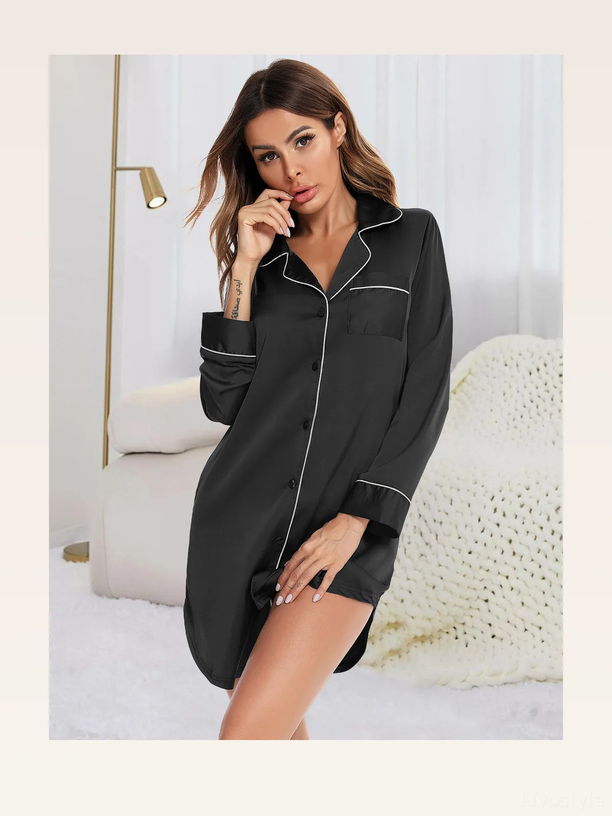 Button Up Lapel Collar Night Dress with Pocket