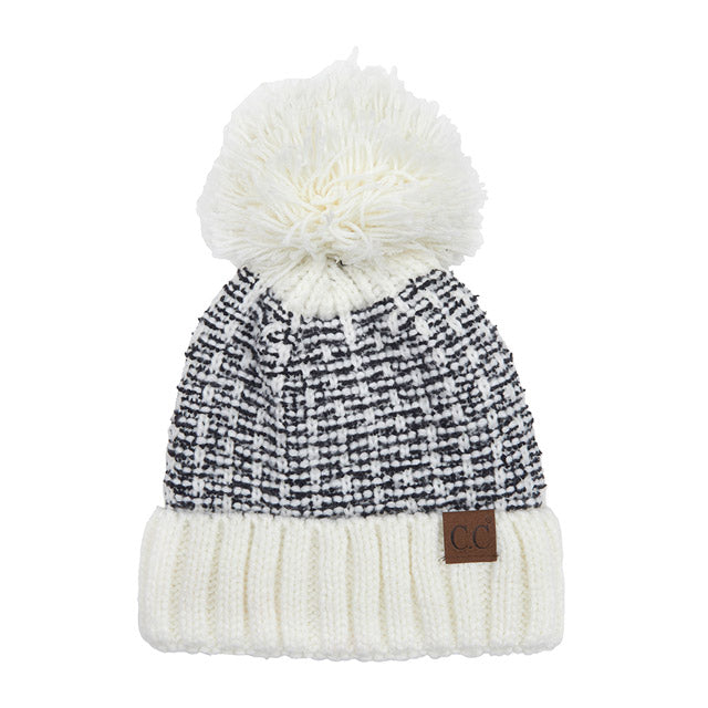 C.C Tweed Style Pattern Knitted Beanie Faux Fur Pom Pom Hat