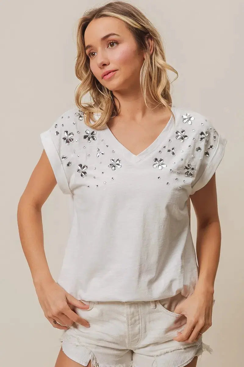 Women's Tops Women's Top - Slub Rhinestone V-Neck - Comfy Fit