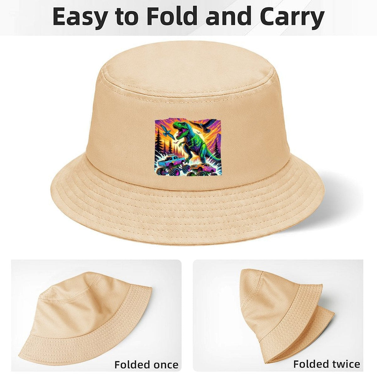 Giant Dinosaur Stomping Trucks Design Kid's Bucket Hat | Ships from USA
