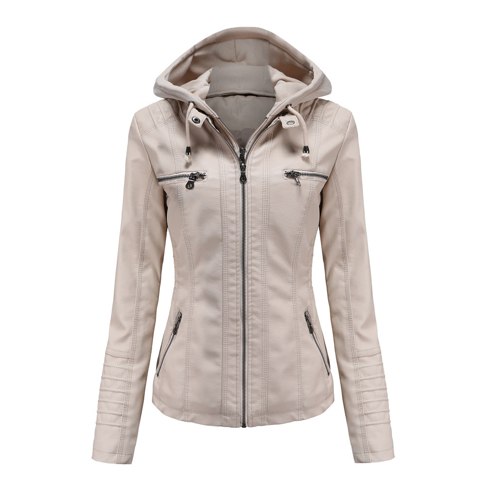 23 European And American Cross-border Hooded Leather Jacket Two-piece Set Removable Large Size Leather Jacket Women's Spring And Autumn Coat Women's PU Wash Leather