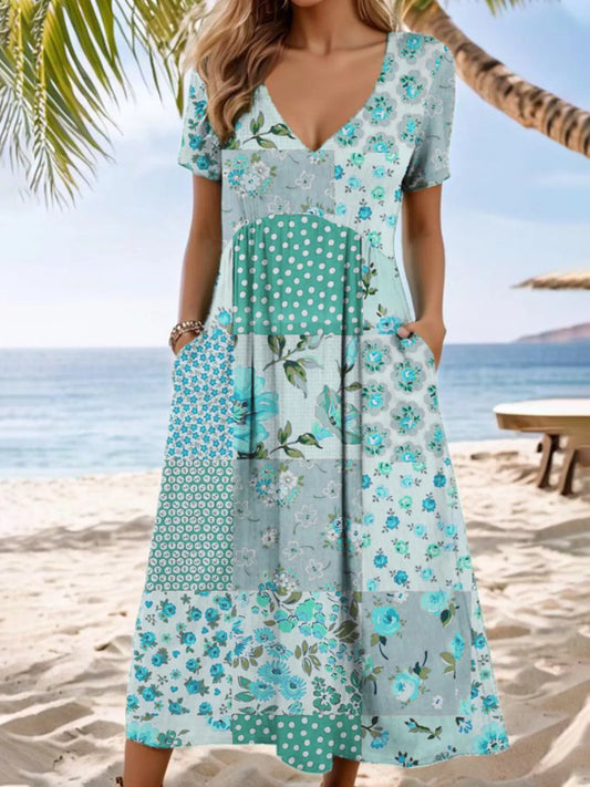 Vestido Midi Casual Floral con Cuello en V Talla Grande