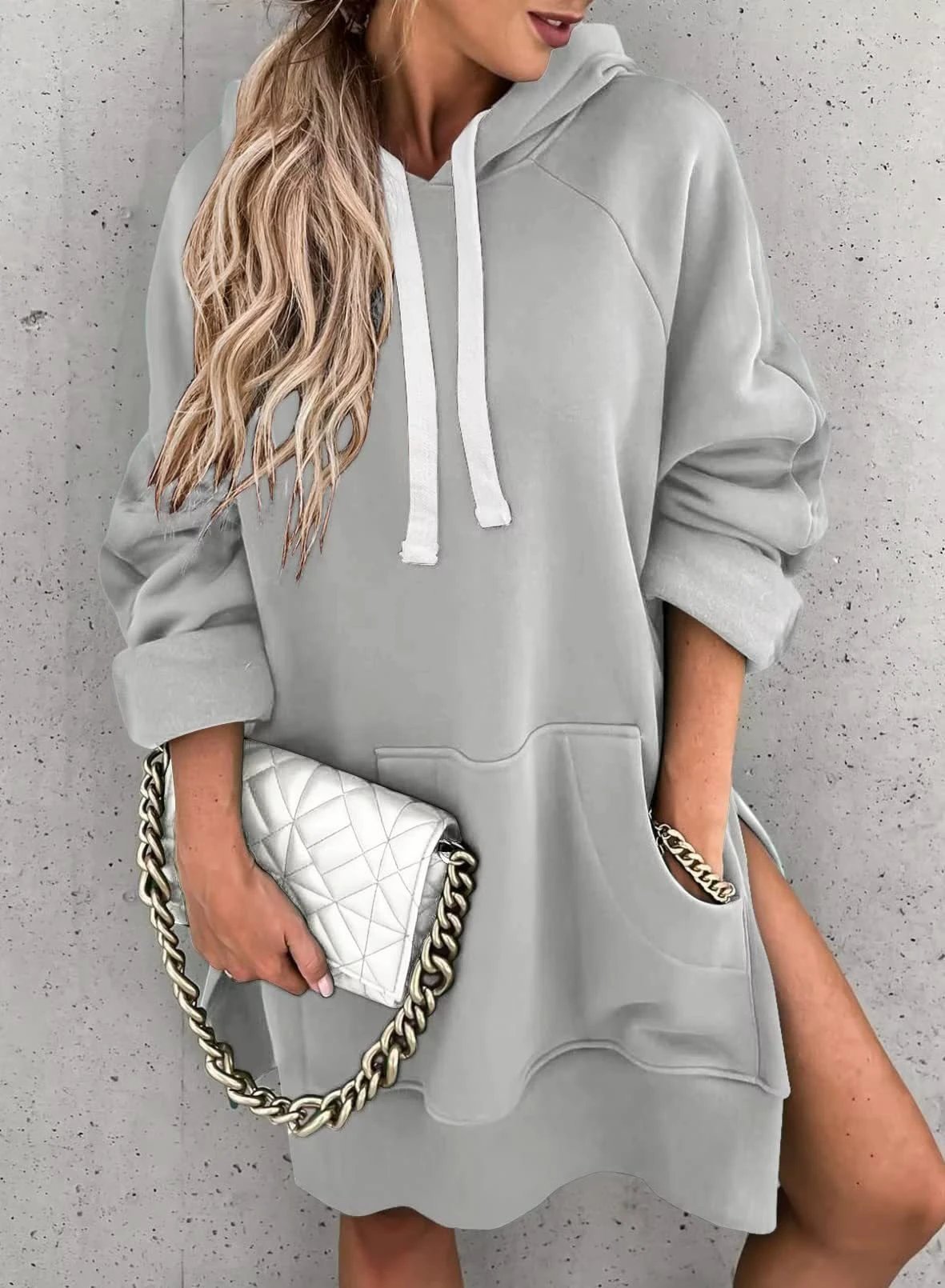 Women's Solid Color Hooded Mid-length Sweater