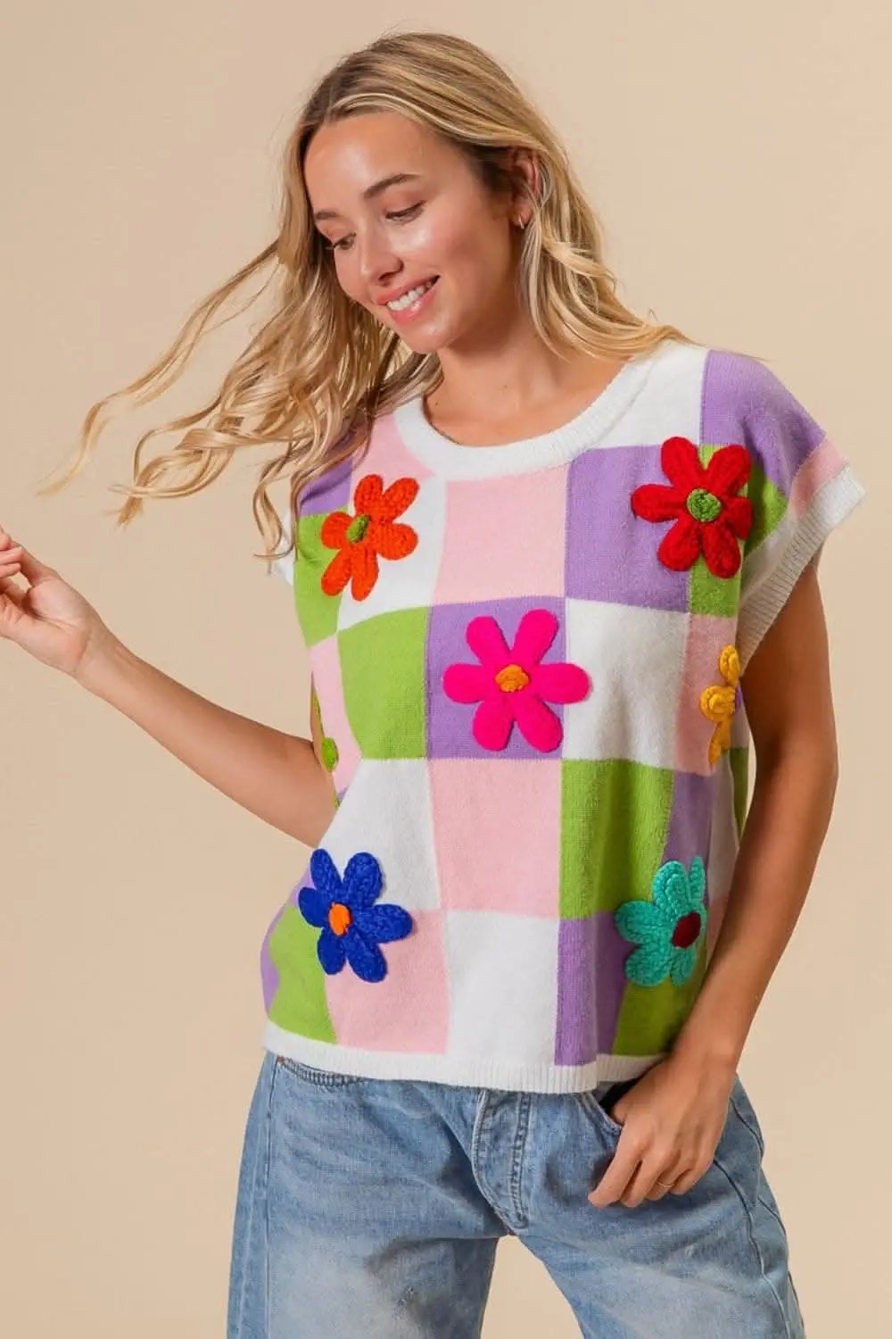 Sweaters Trendsi Floral Checkered Sweater Vest Women's Layering Knit Top Cute Outfit