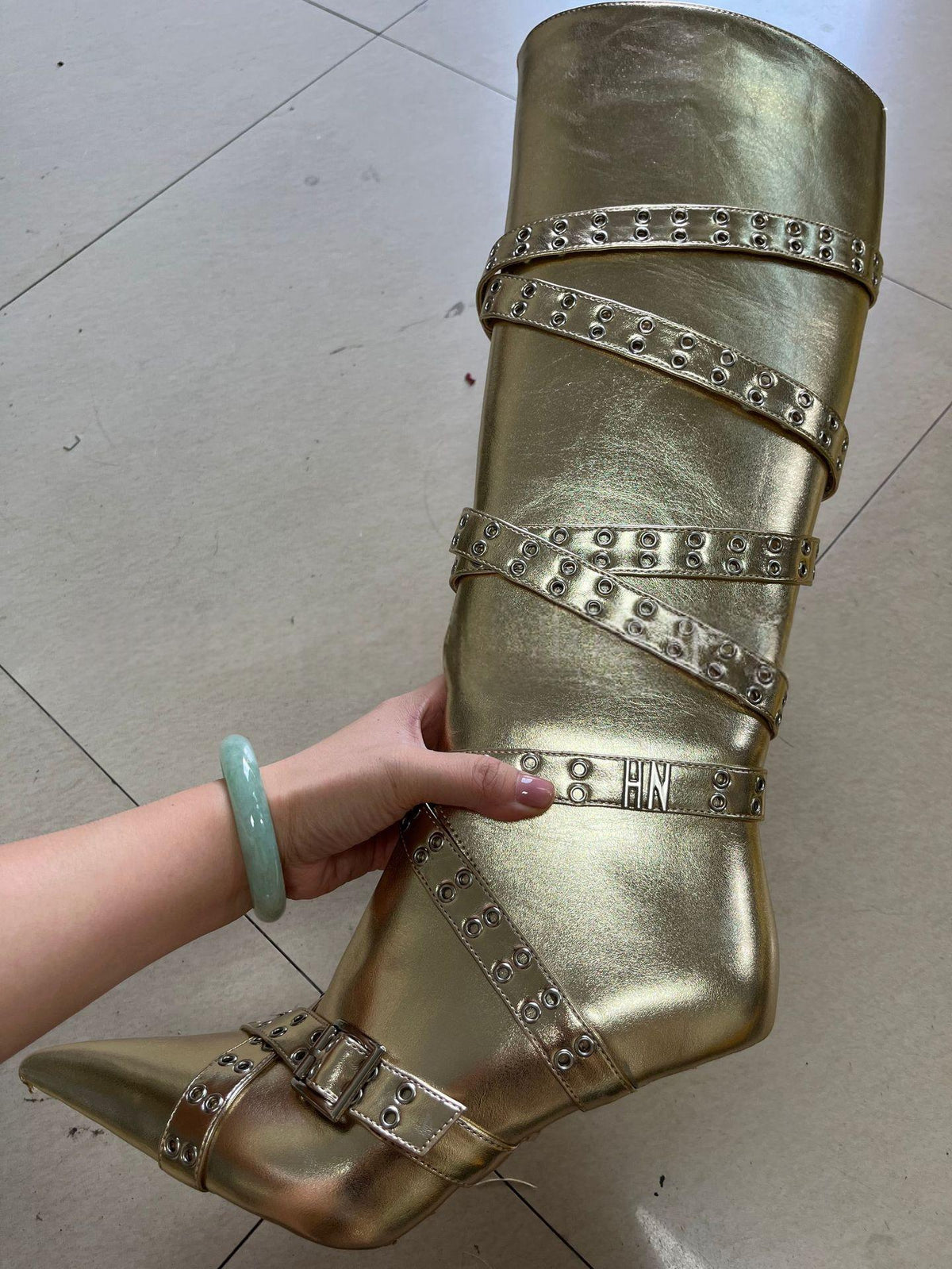 Strap-detail Pointed-toe Studded High-heeled Over-the-knee Boots For Women