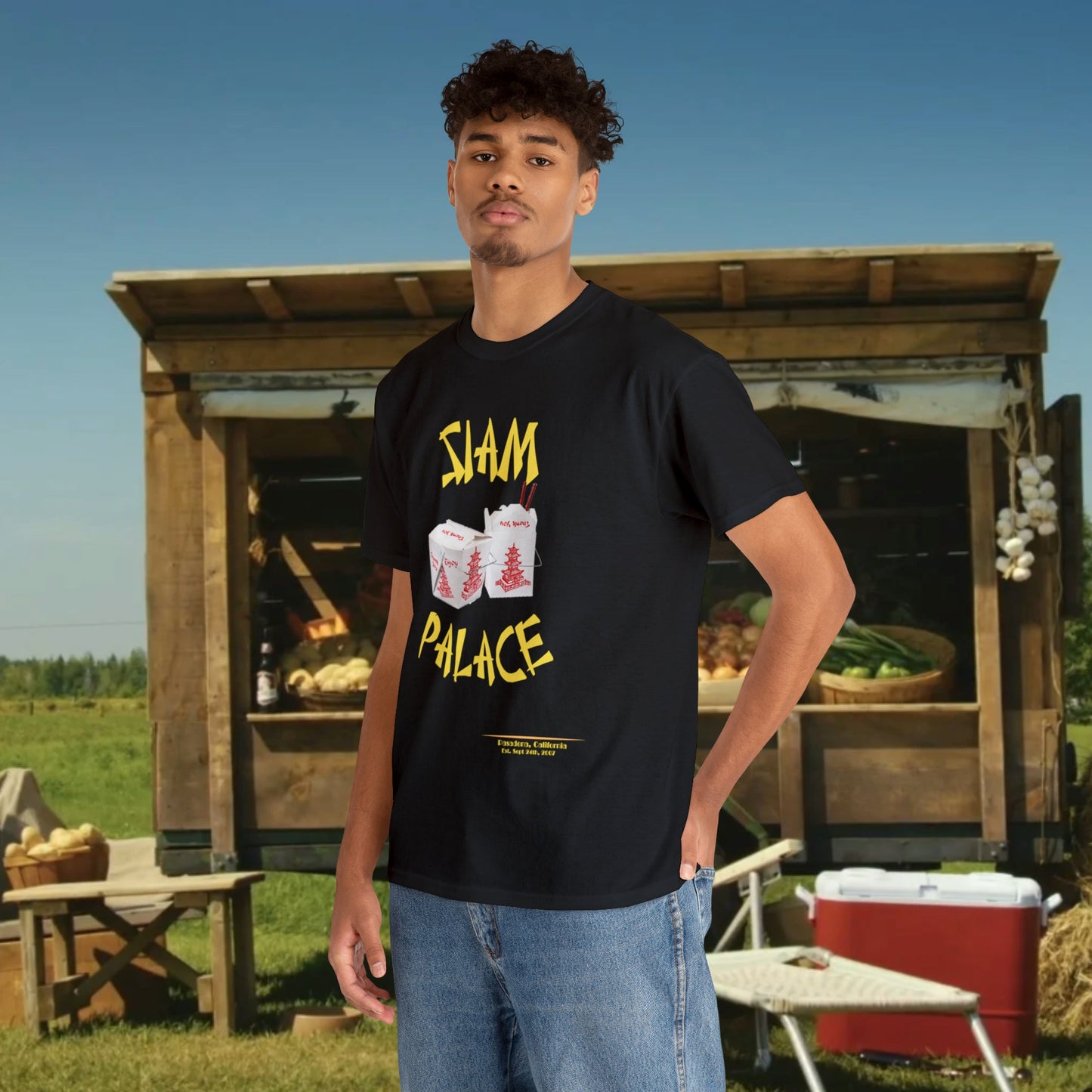 "DirkyThreadz Siam Palace T-Shirt - Bold Takeout Graphic Design in Black Cotton"