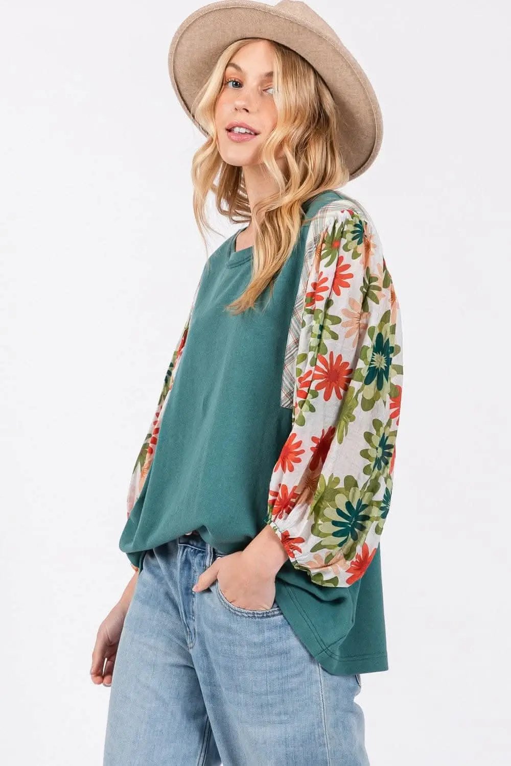 Trendsi Balloon Sleeve Top in Sage — Casual Long Sleeve Blouse