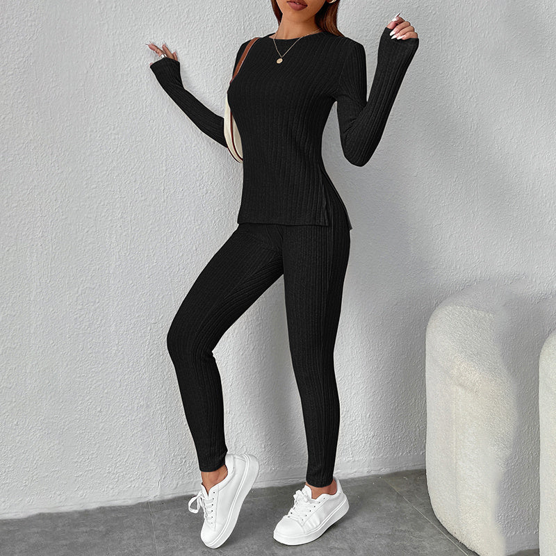 Conjunto de salón de camiseta de manga larga y pantalón de punto acanalado para mujer