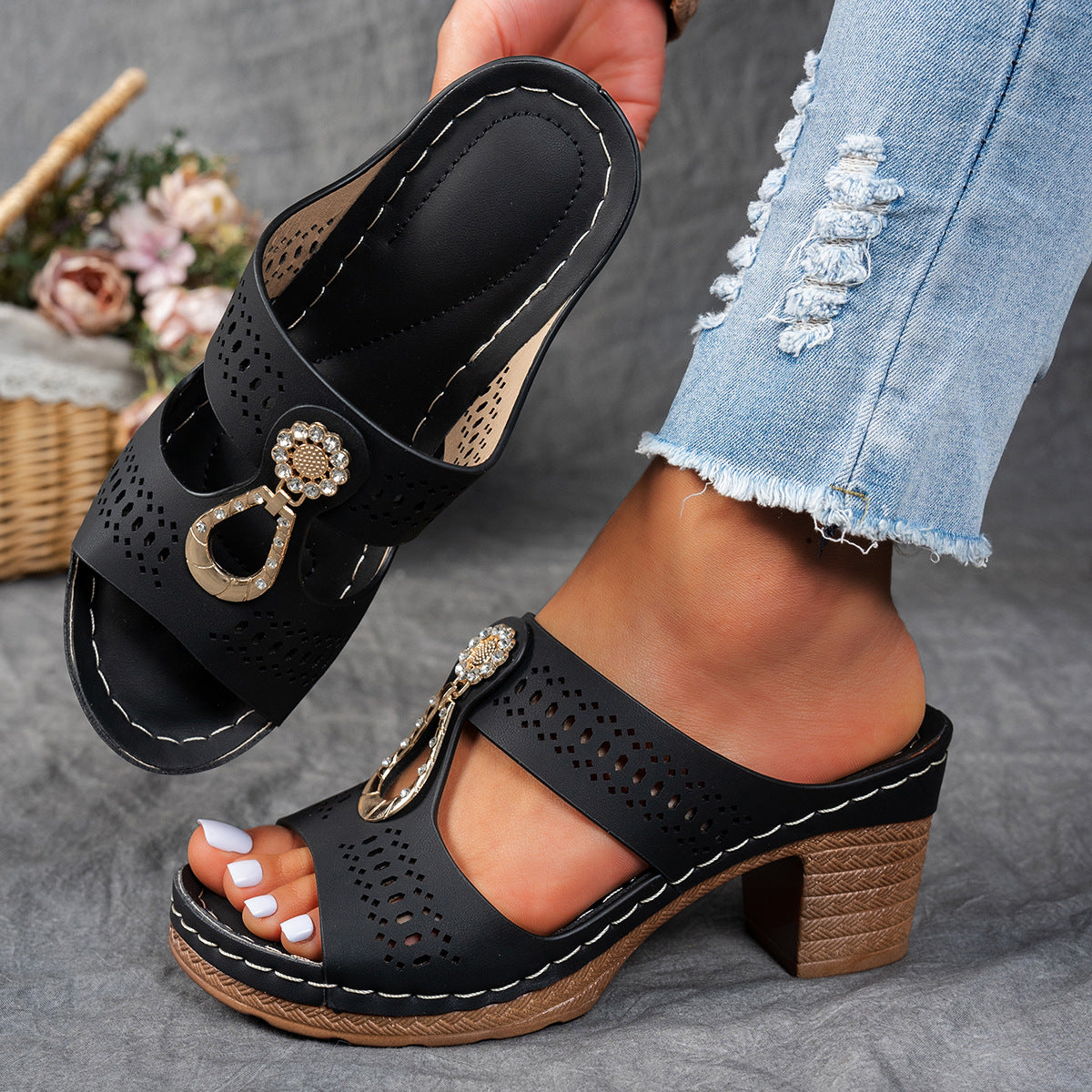 Rhinestone Detail Cutout Block Heel Sandals