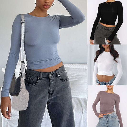 Camiseta de manga larga ajustada | Tops cortos casuales para mujer
