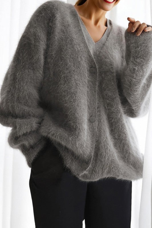 Cárdigan de punto peludito con cuello de pico de mohair liso