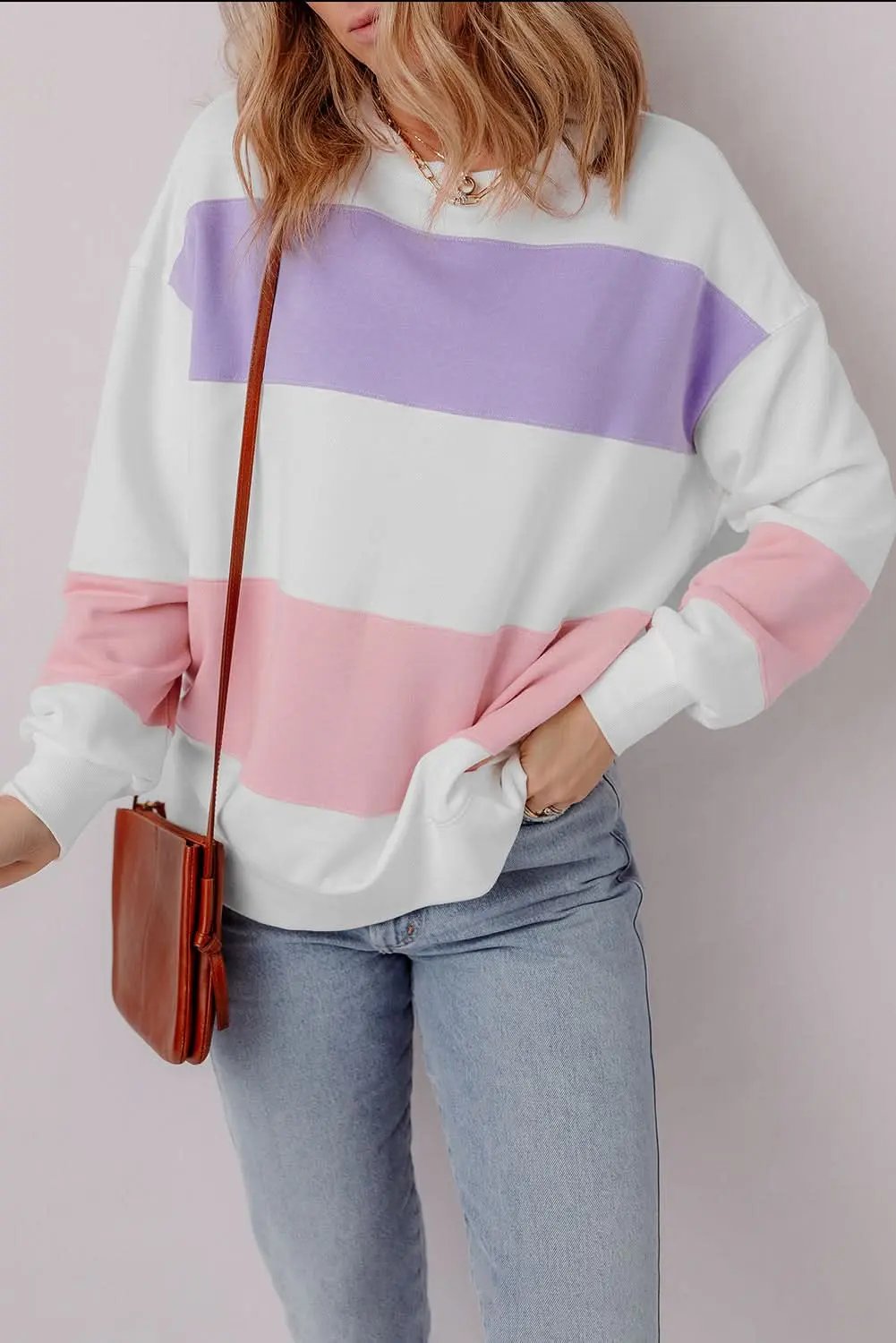Love Salve Beige Colorblock Patchwork Drop Shoulder Crewneck