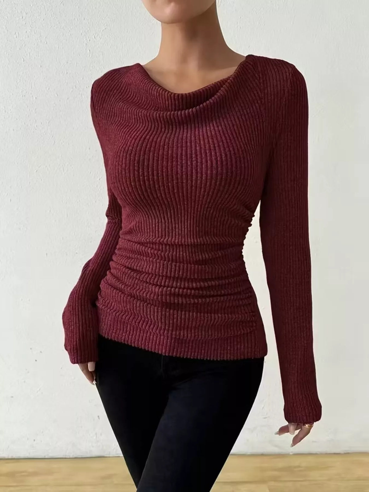 Cowl Neck Ribbed Long Sleeve Sweater