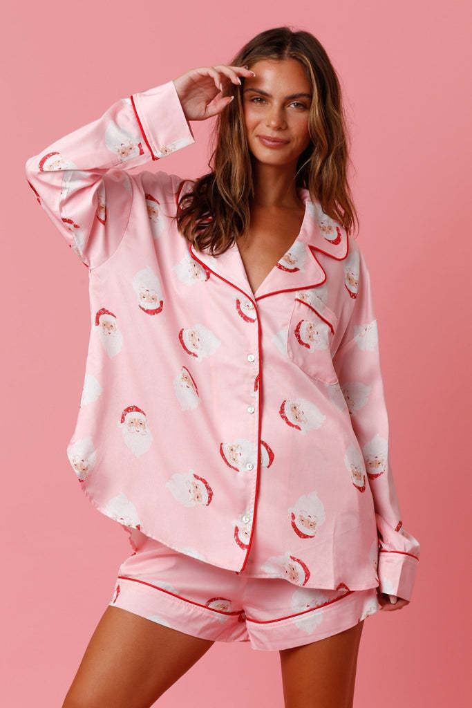 Conjunto de pijama de raso de Papá Noel para mujer | Ropa de casa de dos piezas con estampado navideño