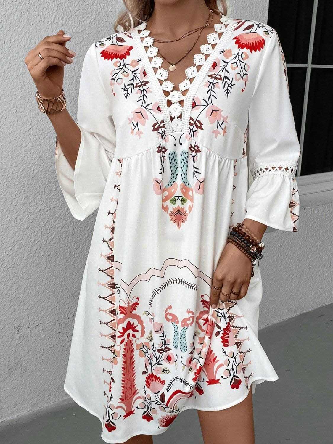 Dresses Trendsi Lace Printed Three-Quarter Dress with Sheer Elegan