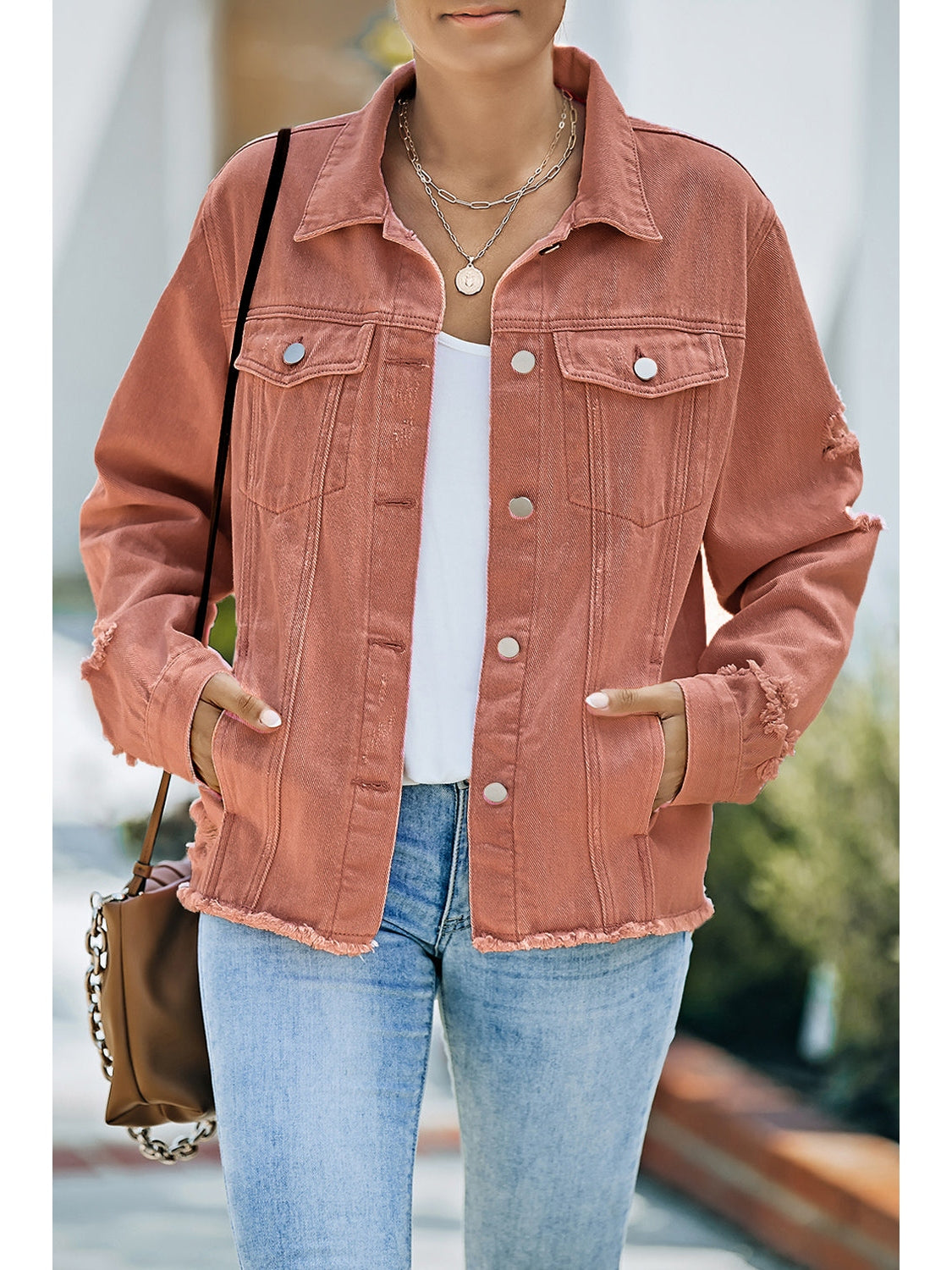 Distressed Raw Hem Denim Jacket