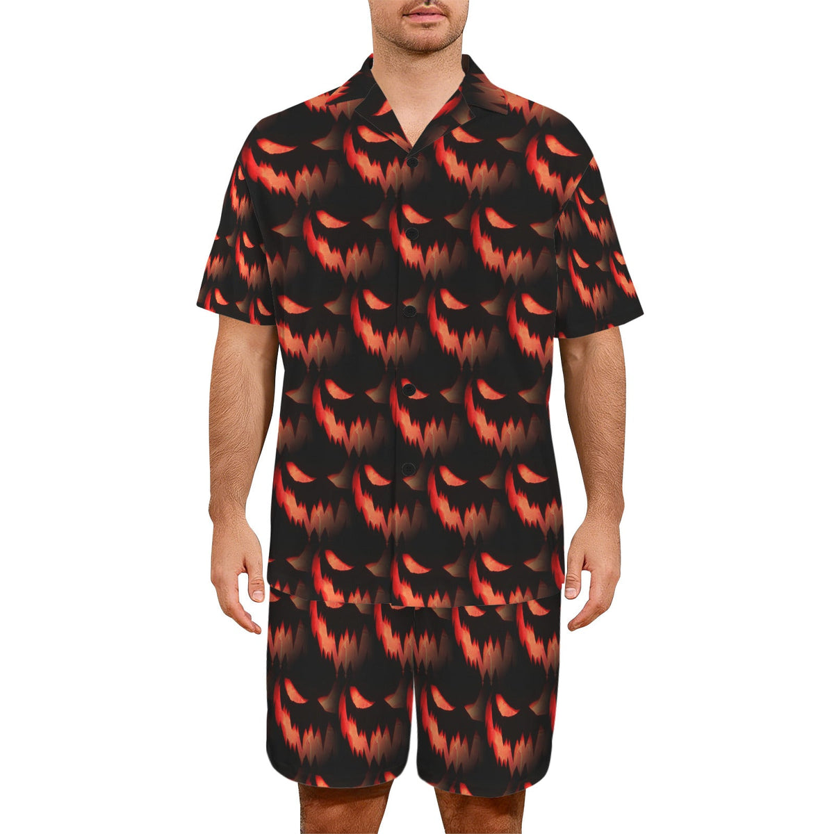 Orange Spooky Face Pattern Men's V-Neck Short Pajama Set