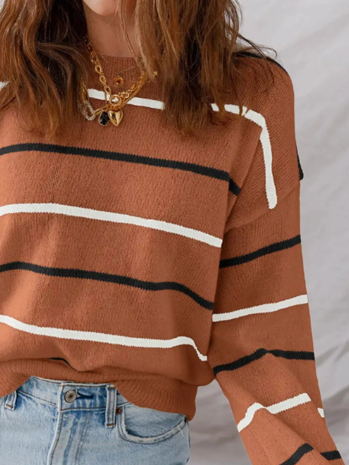 Striped Round Neck Drop Shoulder Sweater
