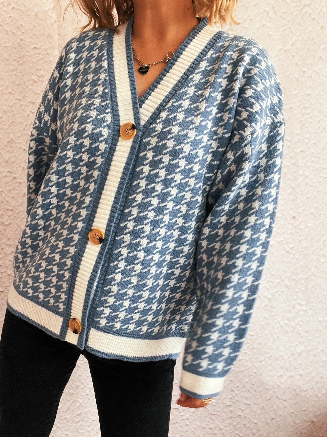 Cárdigan de punto con cuello en V y botones con estampado de pata de gallo para mujer