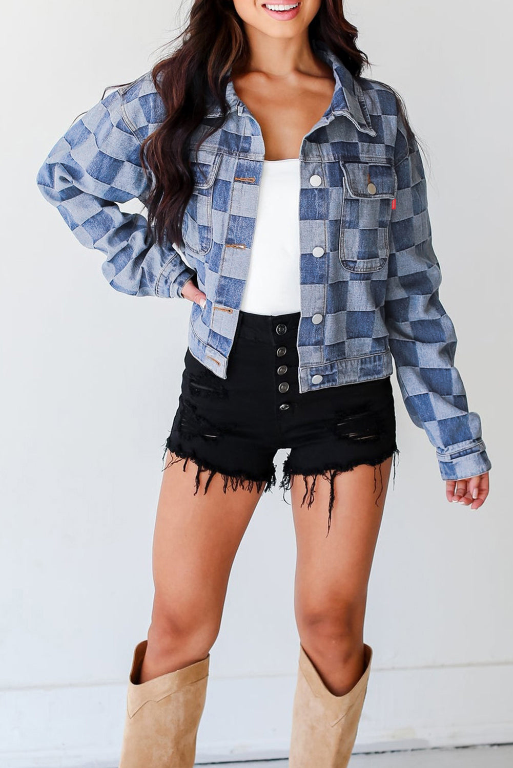 Chaqueta de jean con botones, a cuadros patchwork azul claro