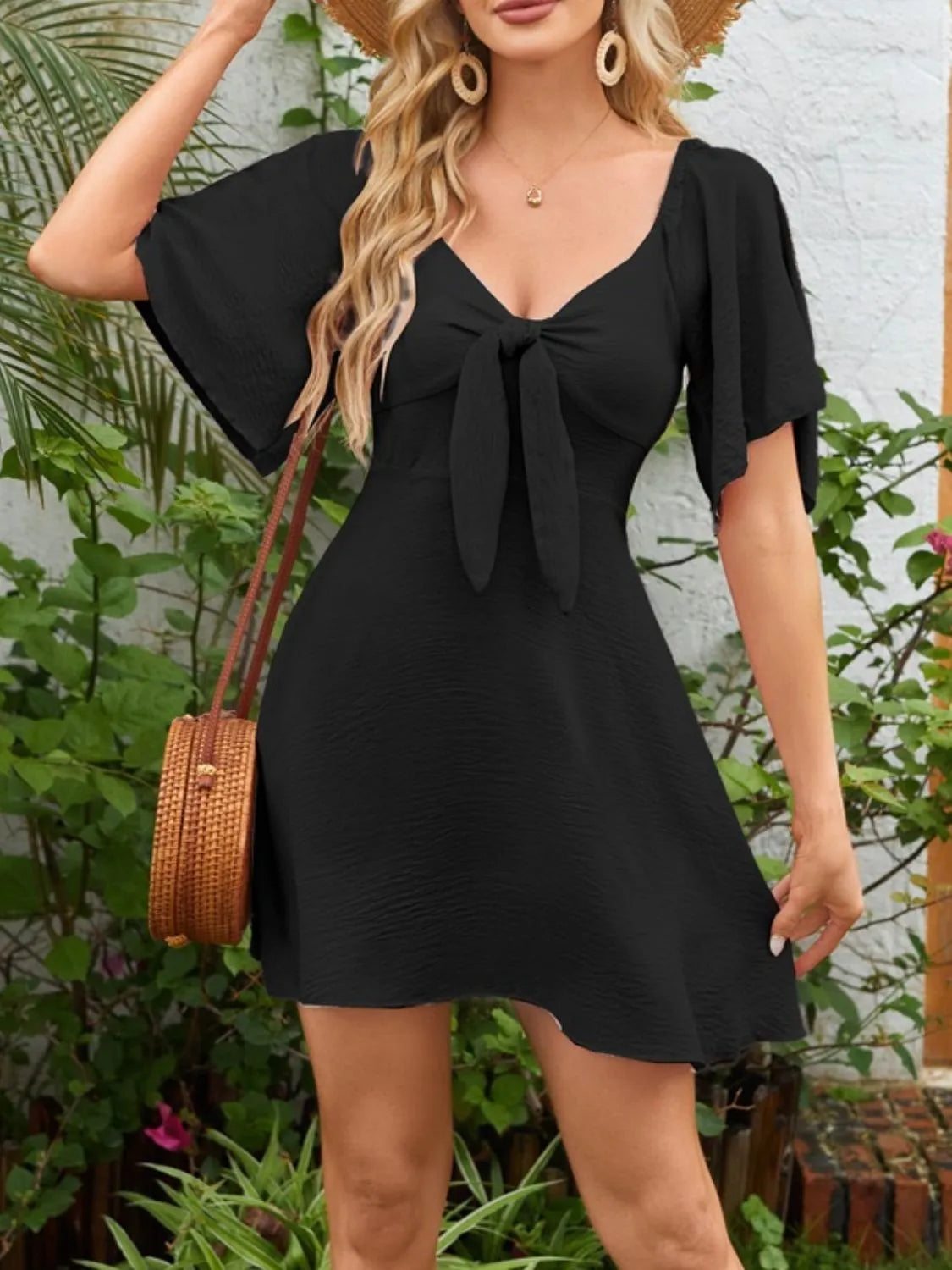 Smocked Back Knotted Flutter Sleeve Dress