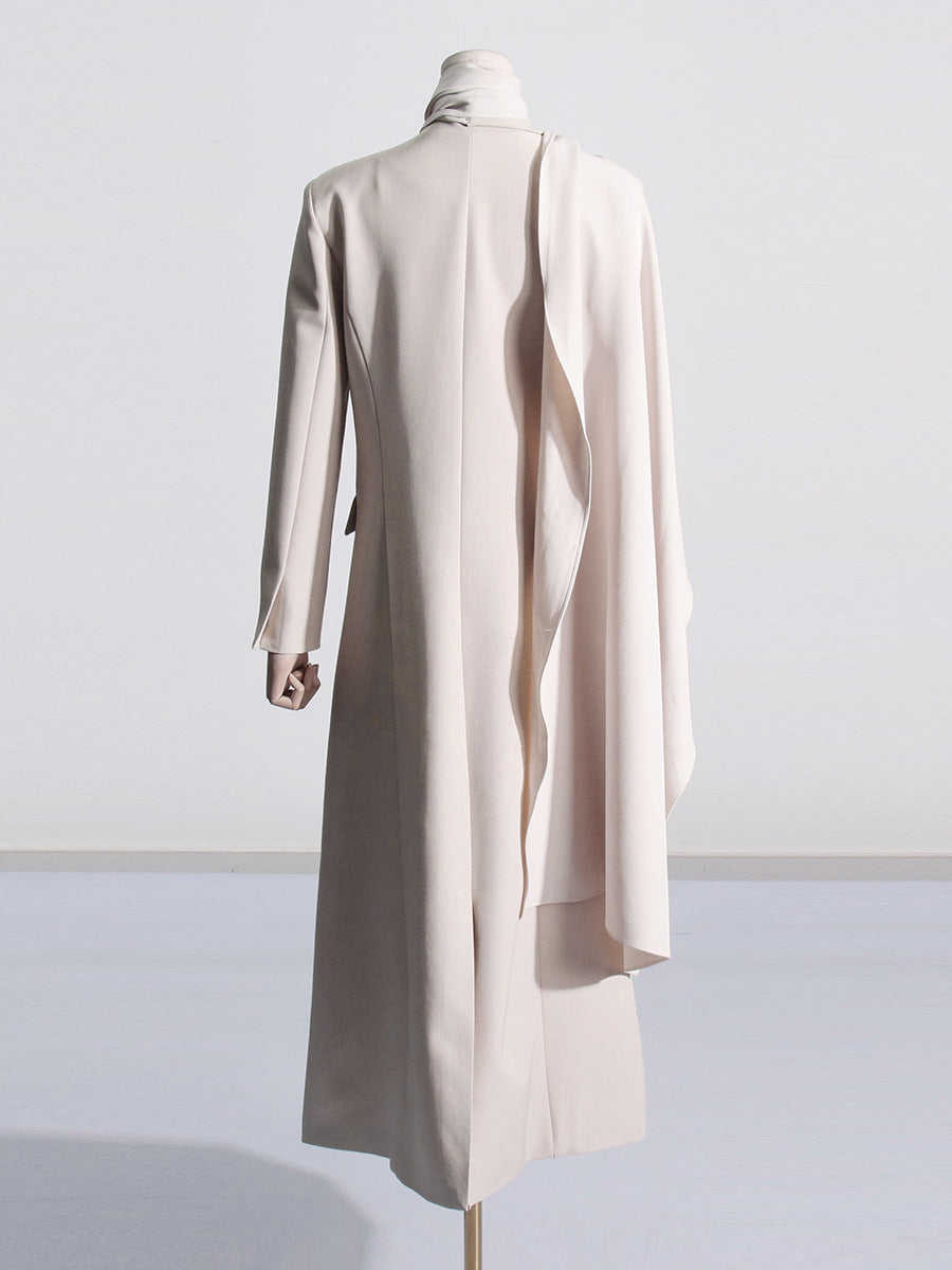 Draped Cape-Scarf Longline Tailored Coat