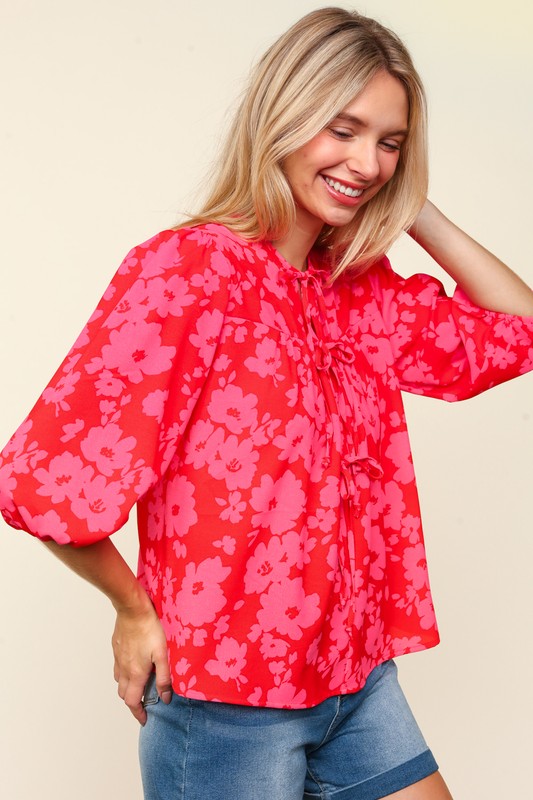 Haptics Blusa de Manga Globo con Lazo de Cinta Floral Talla Grande
