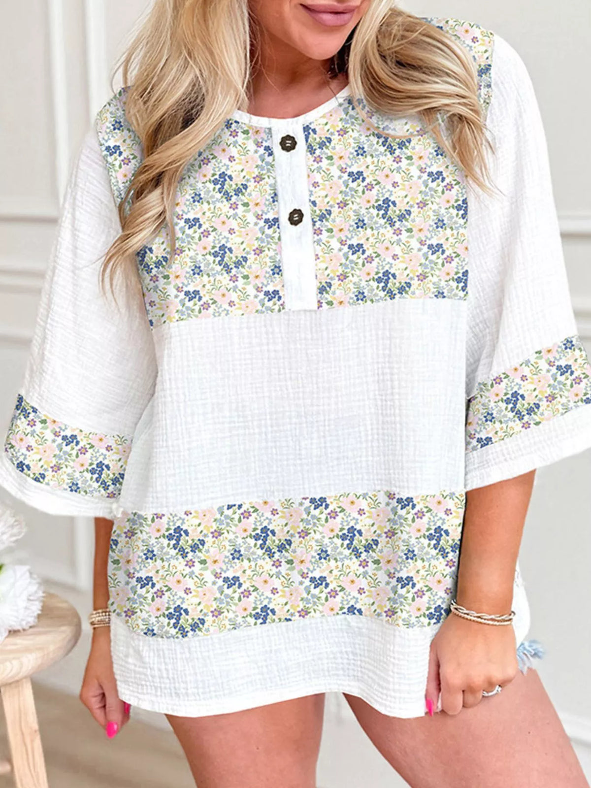 Floral Print Henley Button 3/4 Sleeve Blouse