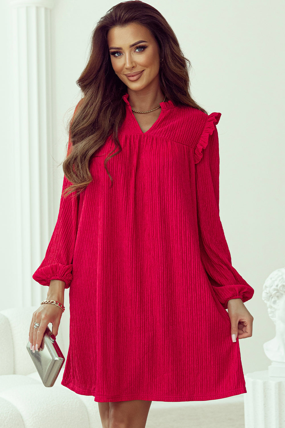Fiery Red Textured Ruffled Trim V-neck Loose Fit Mini Dress