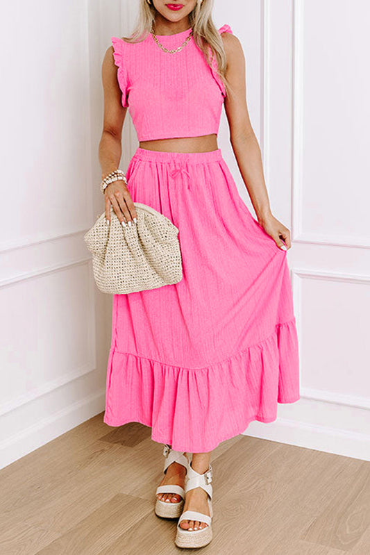 Conjunto de top corto con volantes texturizados Bonbon y falda con cordón ajustable