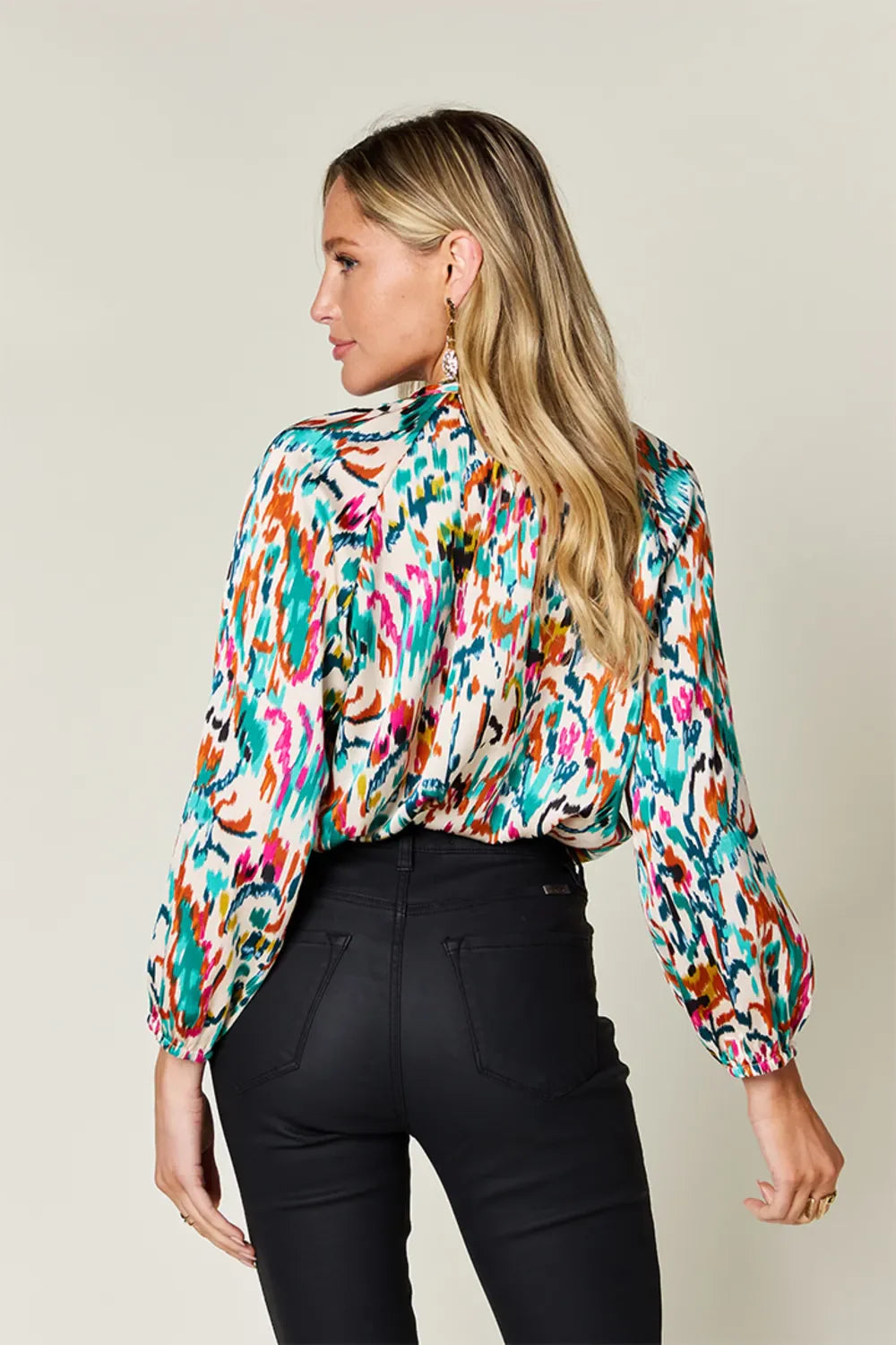 Camisa abotonada de manga larga estampada Full Size Double Take