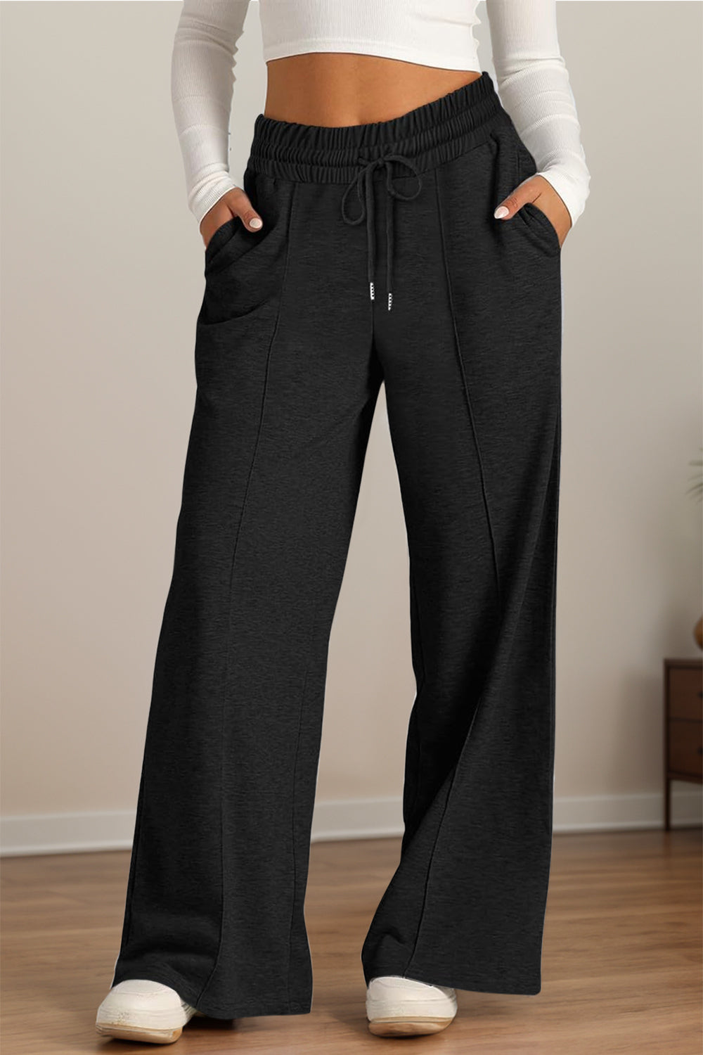 Pantalones de pernera ancha con cintura elástica y cordón ajustable