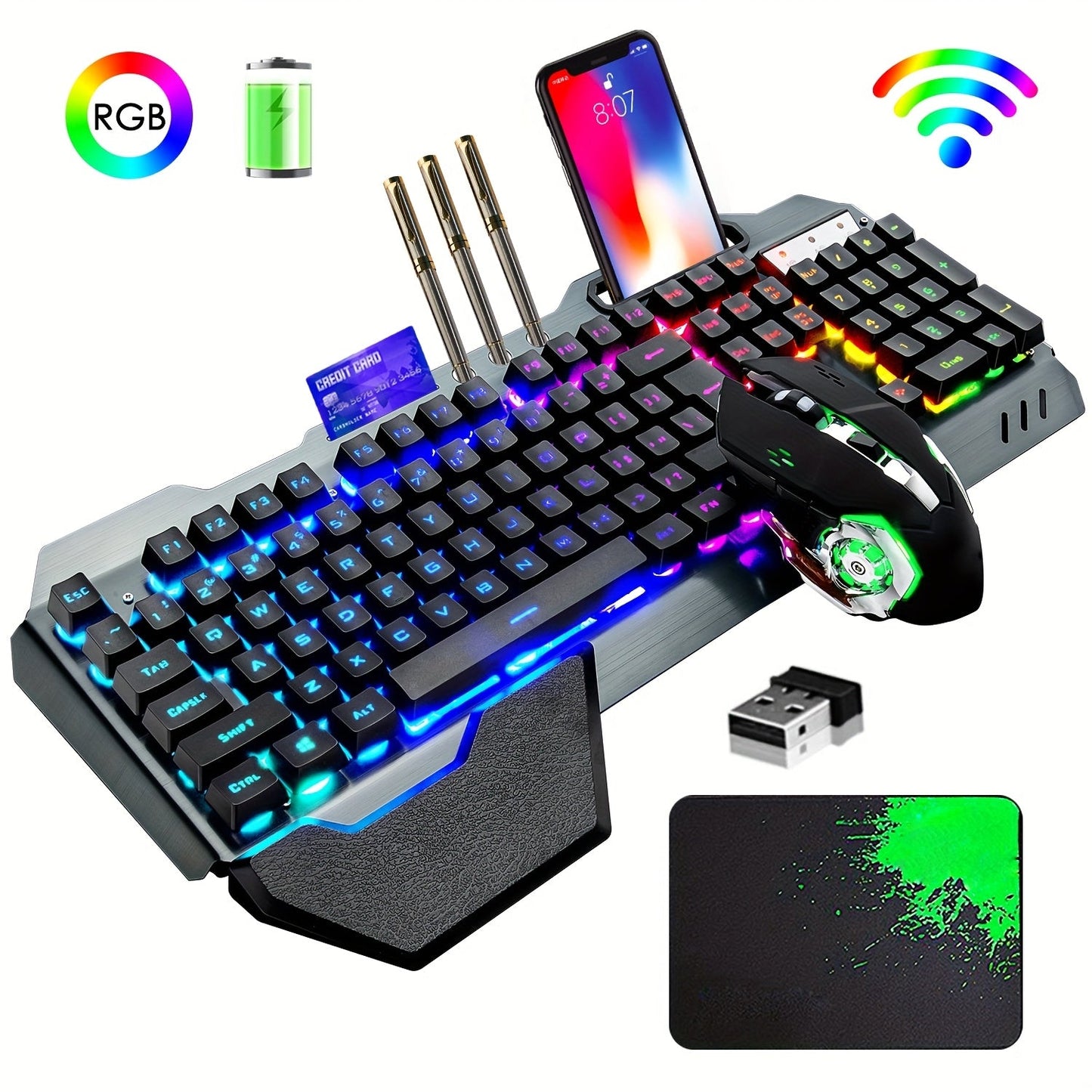 QZUKOY Gaming Keyboard And Mouse Set Wireless Rainbow Backlit Rechargeable Metal Panel Mechanical Feel Keyboard And Gaming Mouse For Gamer Laptop PC