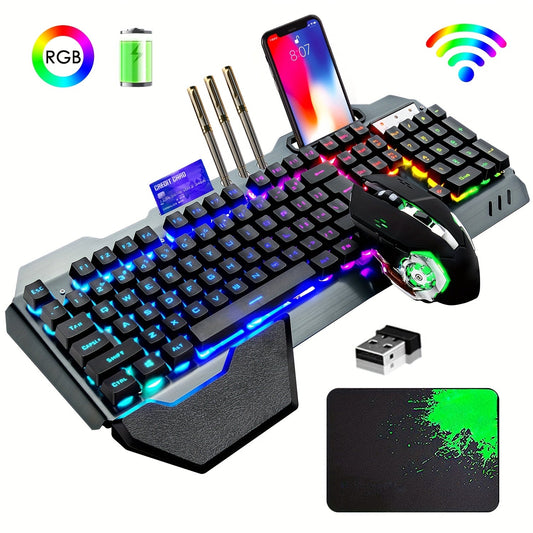 QZUKOY Gaming Keyboard And Mouse Set Wireless Rainbow Backlit Rechargeable Metal Panel Mechanical Feel Keyboard And Gaming Mouse For Gamer Laptop PC