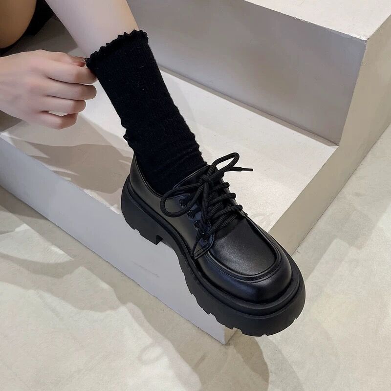 Zapatos de cuero para mujer estilo británico con suela gruesa – Mocasines de moda con tacón elevado