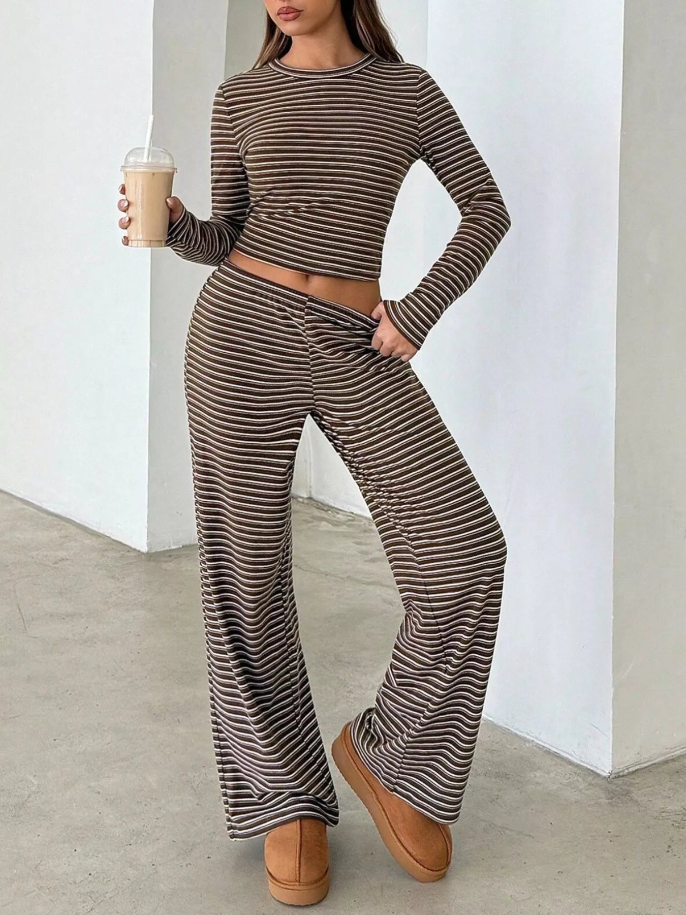 Striped Long Sleeve Crop Top and Wide Leg Pants Two-Piece Set
