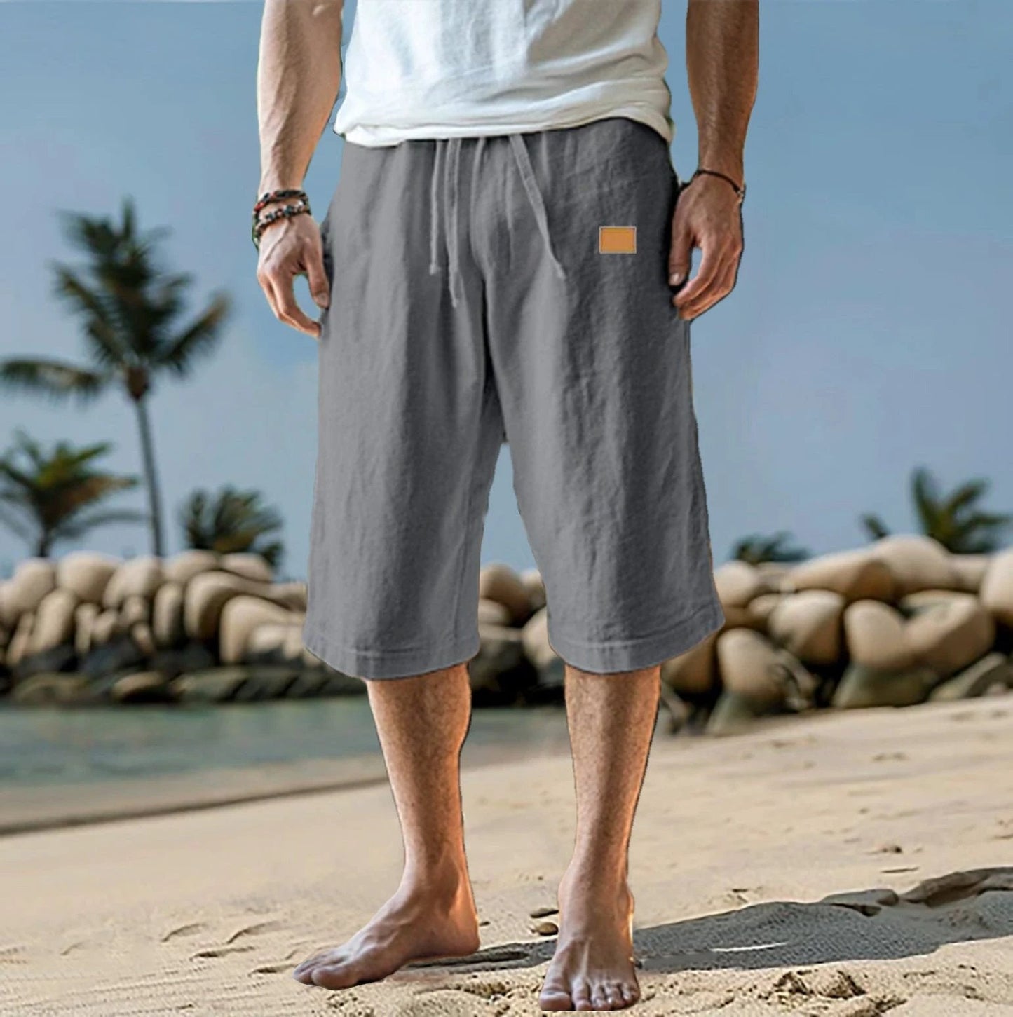 Men's Cropped Straight-leg Shorts Solid Color