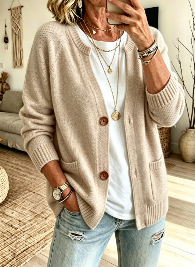 European And American-style Knitted Cardigan Sweater With A Stand-up Collar