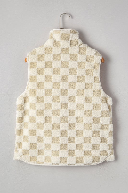Checker Sherpa Snap Button Vest Jacket With Pocket See size chart under “more details”