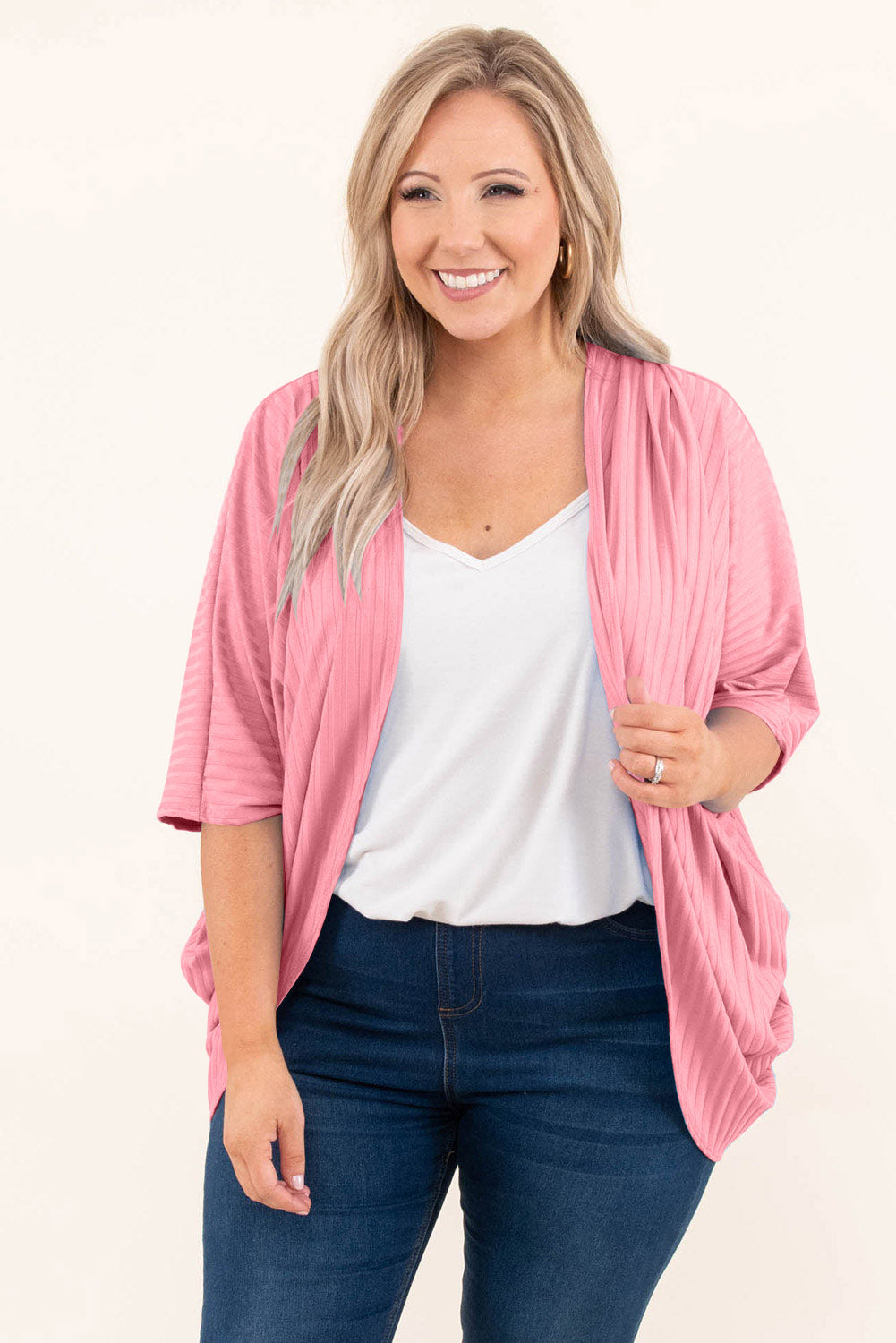 Pink Pink Pink Shimmer Ribbed Texture Plus Size Cardigan