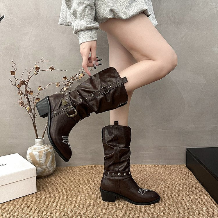 Women Western Cowboy Mid Calf Boots Star Embroidery Antique Metal Buckle Straps Slouch Ruched Shaft Faux Leather Snip Pointed Toe Block Heel Pull On Retro Cowgirl Fall Winter Boots