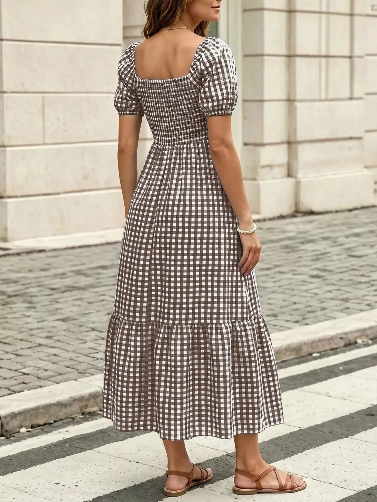 Gingham Smocked Puff Sleeve Midi Dress