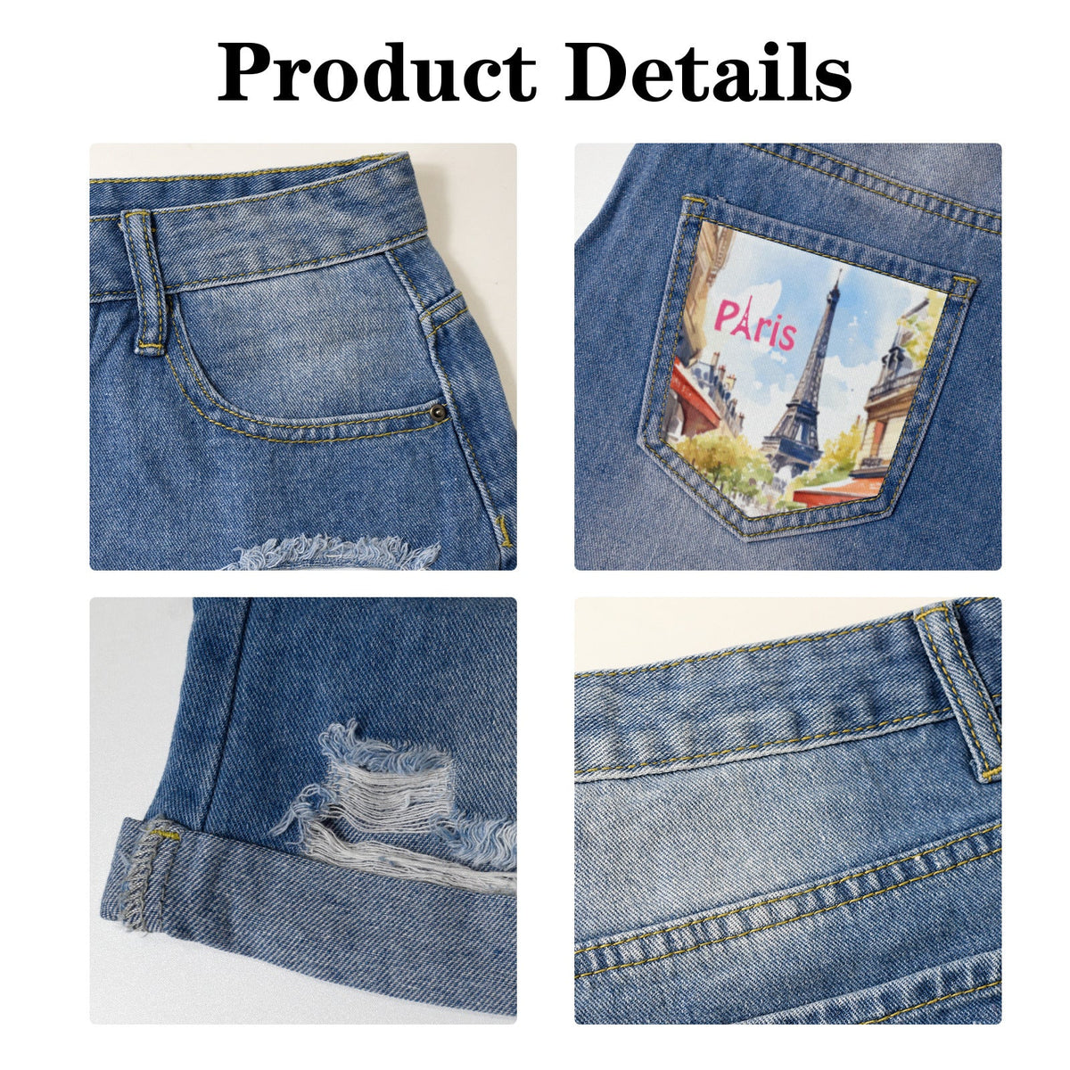 Eiffel Tower in Paris Light Blue Denim Shorts with Dual Pockets Design