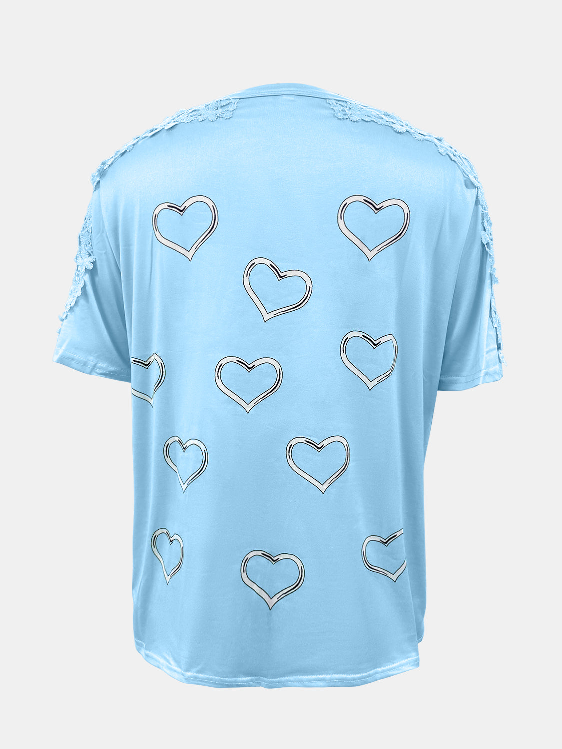 Camiseta de manga corta con cuello redondo, detalle de encaje y corazón, talla grande